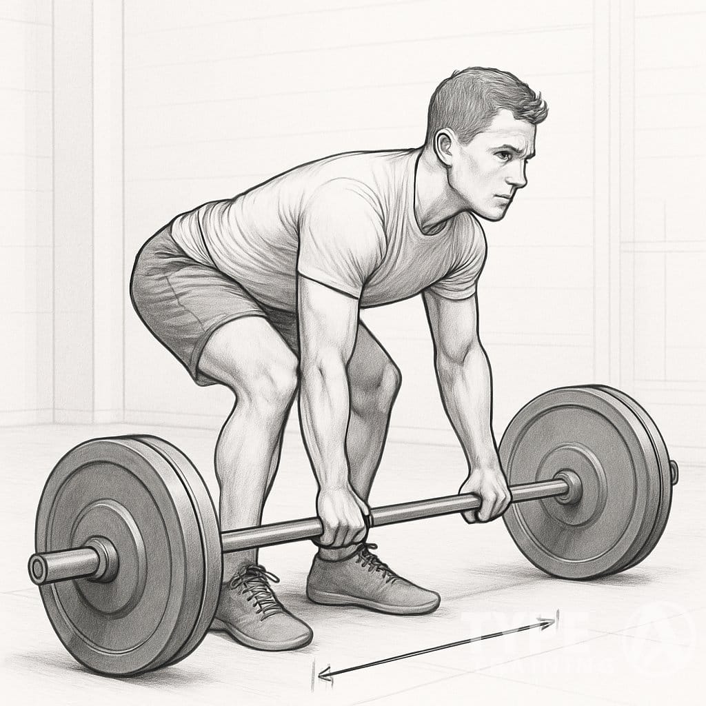 A man performing a deadlift starting too far away from the barbell in a gym.