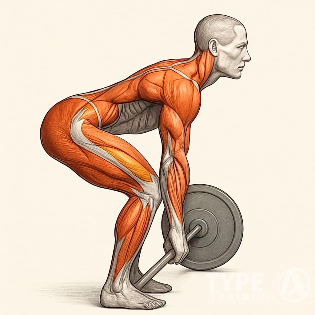 Side view illustration of a person performing a deadlift with major muscles engaged highlighted in different colors.