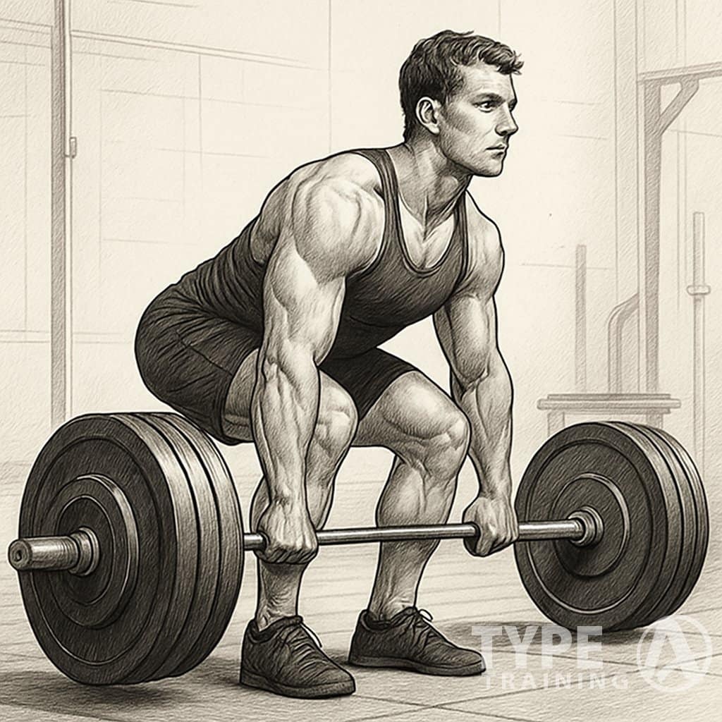 A person lifting a heavy barbell off the ground with proper deadlift form in a gym.