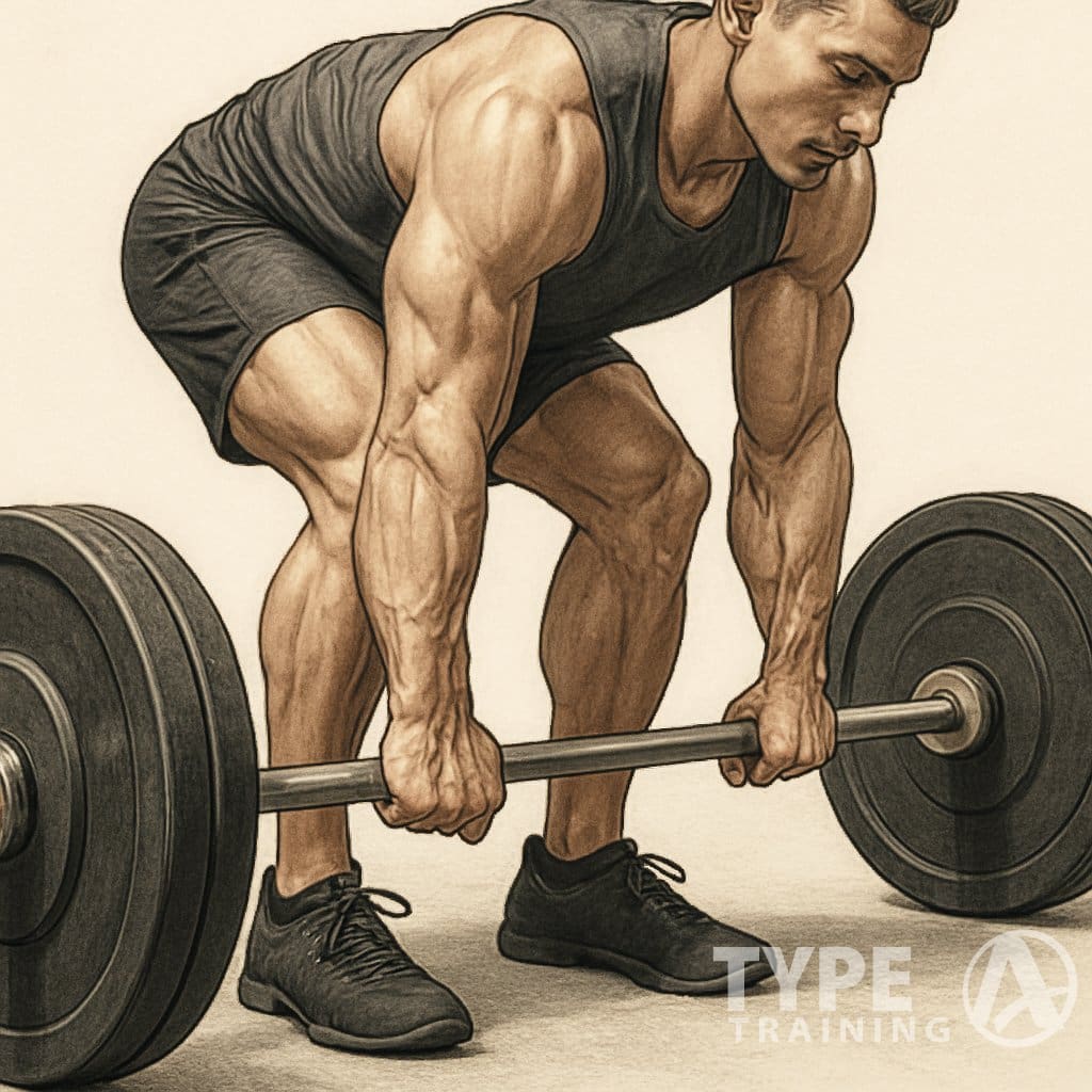 Person gripping a barbell with a mixed grip, preparing to deadlift with proper form.
