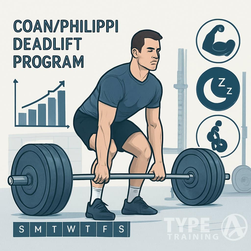 An athlete performing a deadlift in a gym surrounded by charts and icons illustrating a structured training program.