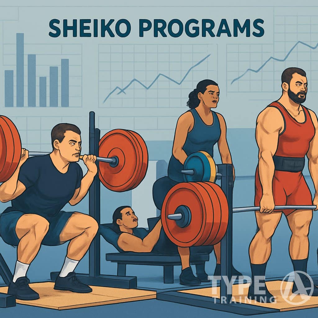 Athletes performing squats, bench presses, and deadlifts in a gym with charts and graphs in the background showing training progress.