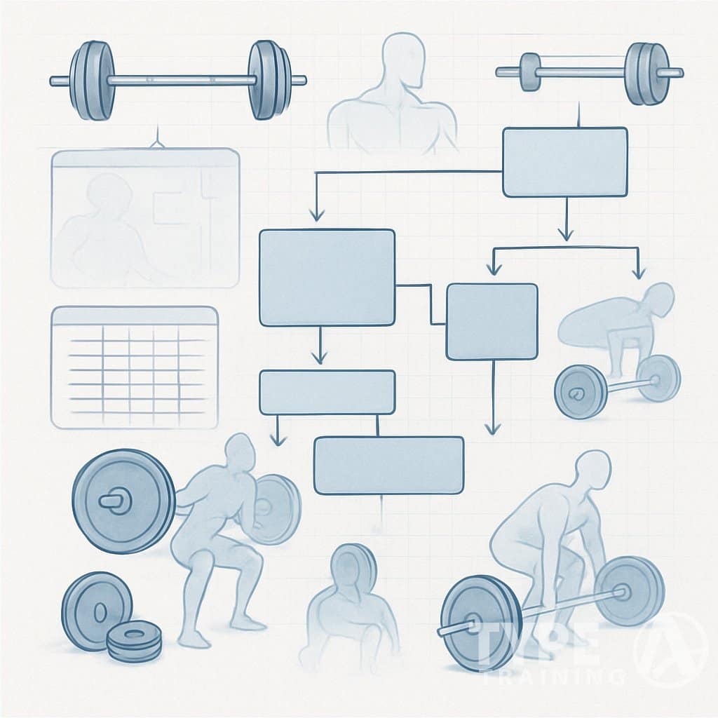 An organized flowchart with workout equipment and human figures illustrating different phases of a structured strength training program.