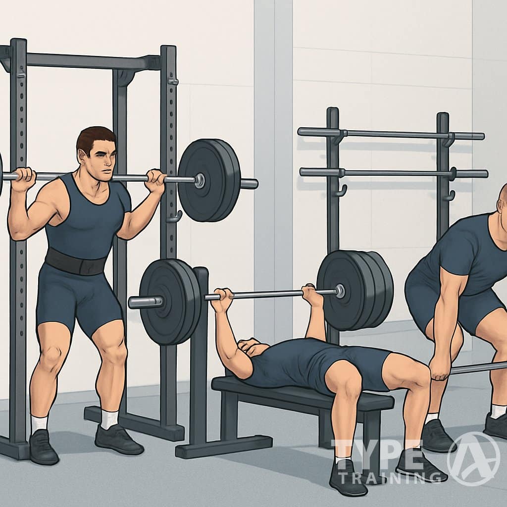 Illustration of athletes performing different powerlifting exercises in a gym, demonstrating various training routines.