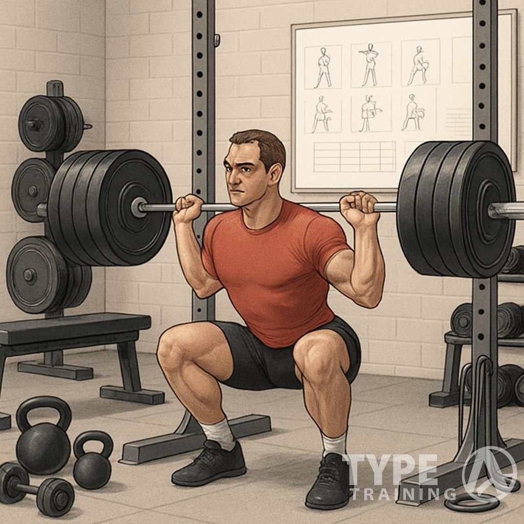 An athlete performing a squat with a barbell in a gym surrounded by various workout equipment like dumbbells and kettlebells.