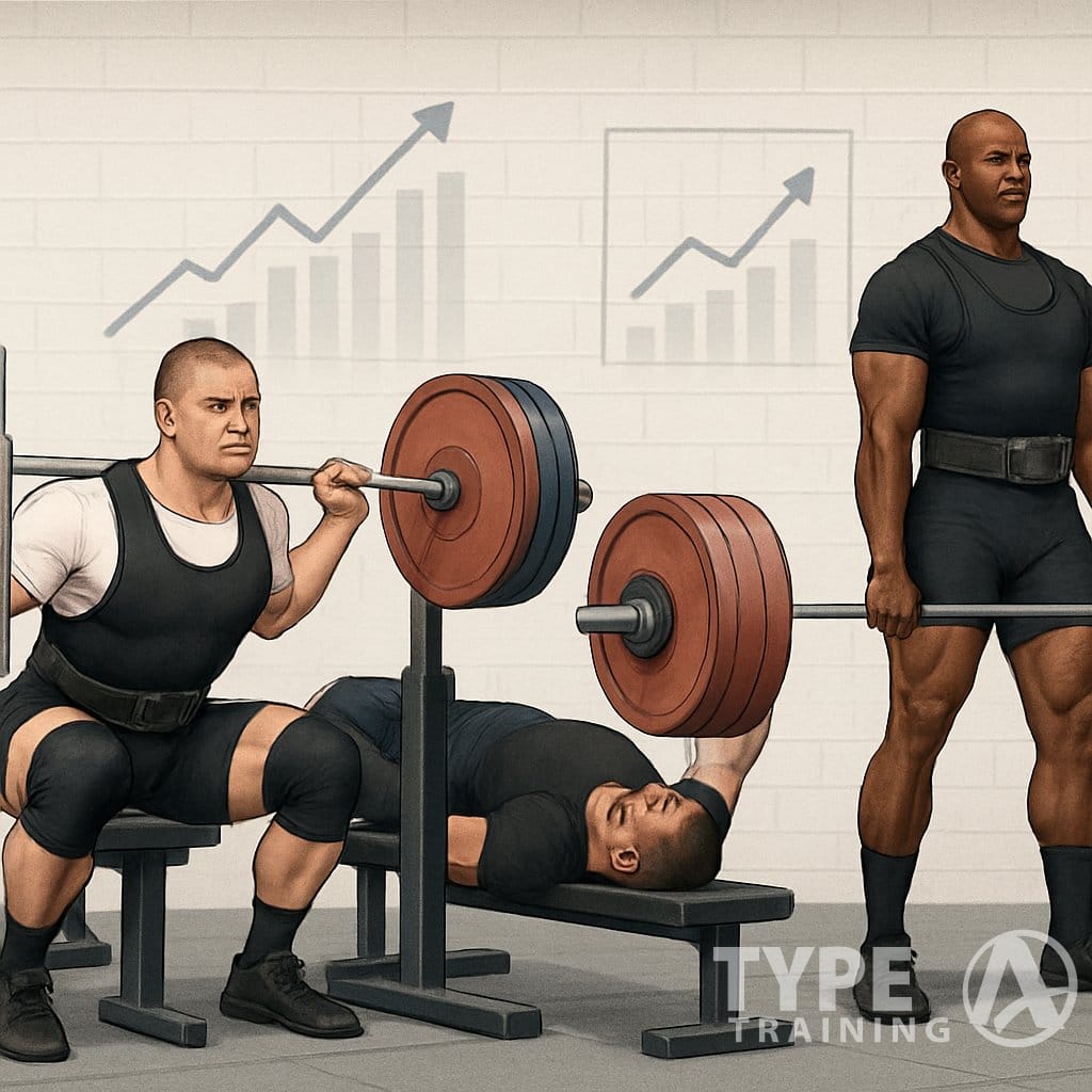 A group of athletes performing powerlifting exercises in a gym with equipment and graphical elements showing progress and success.
