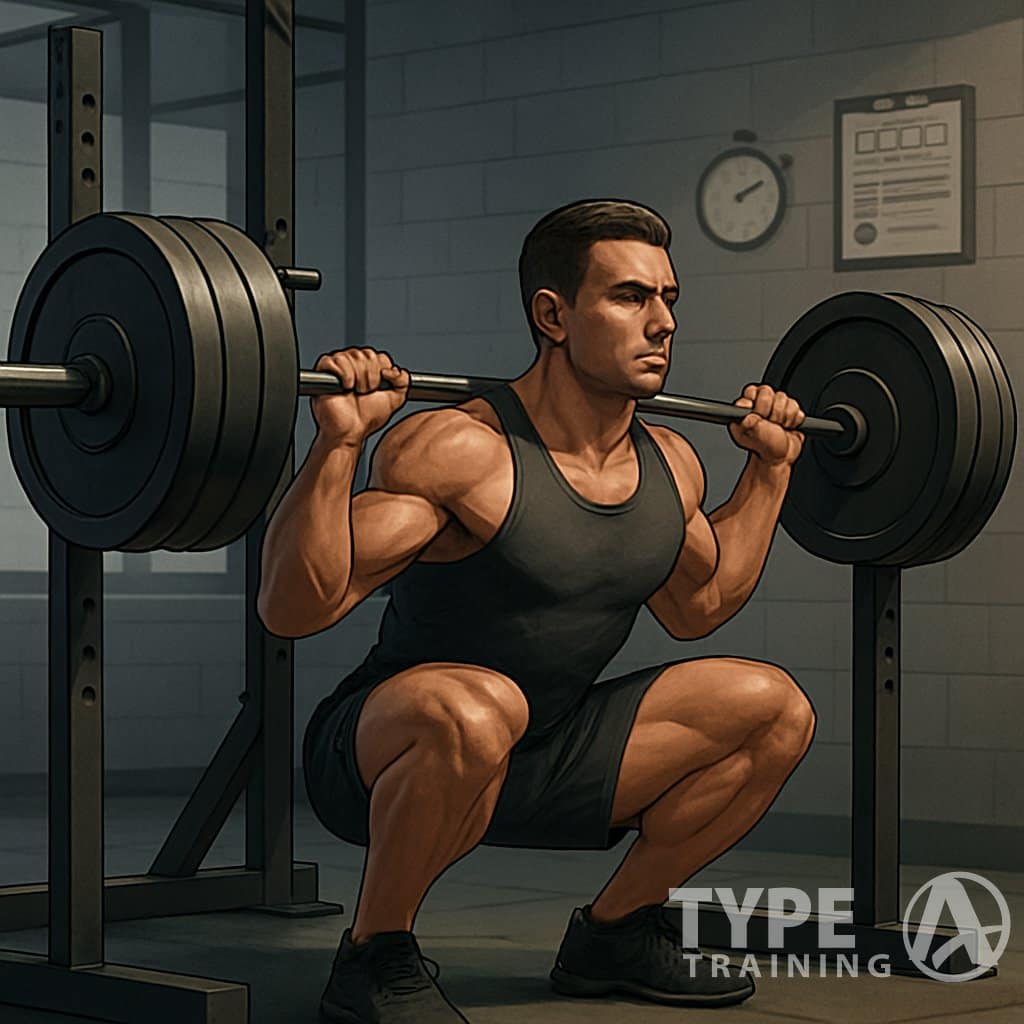 An athlete performing a deep barbell back squat in a gym with training equipment and workout plans visible in the background.