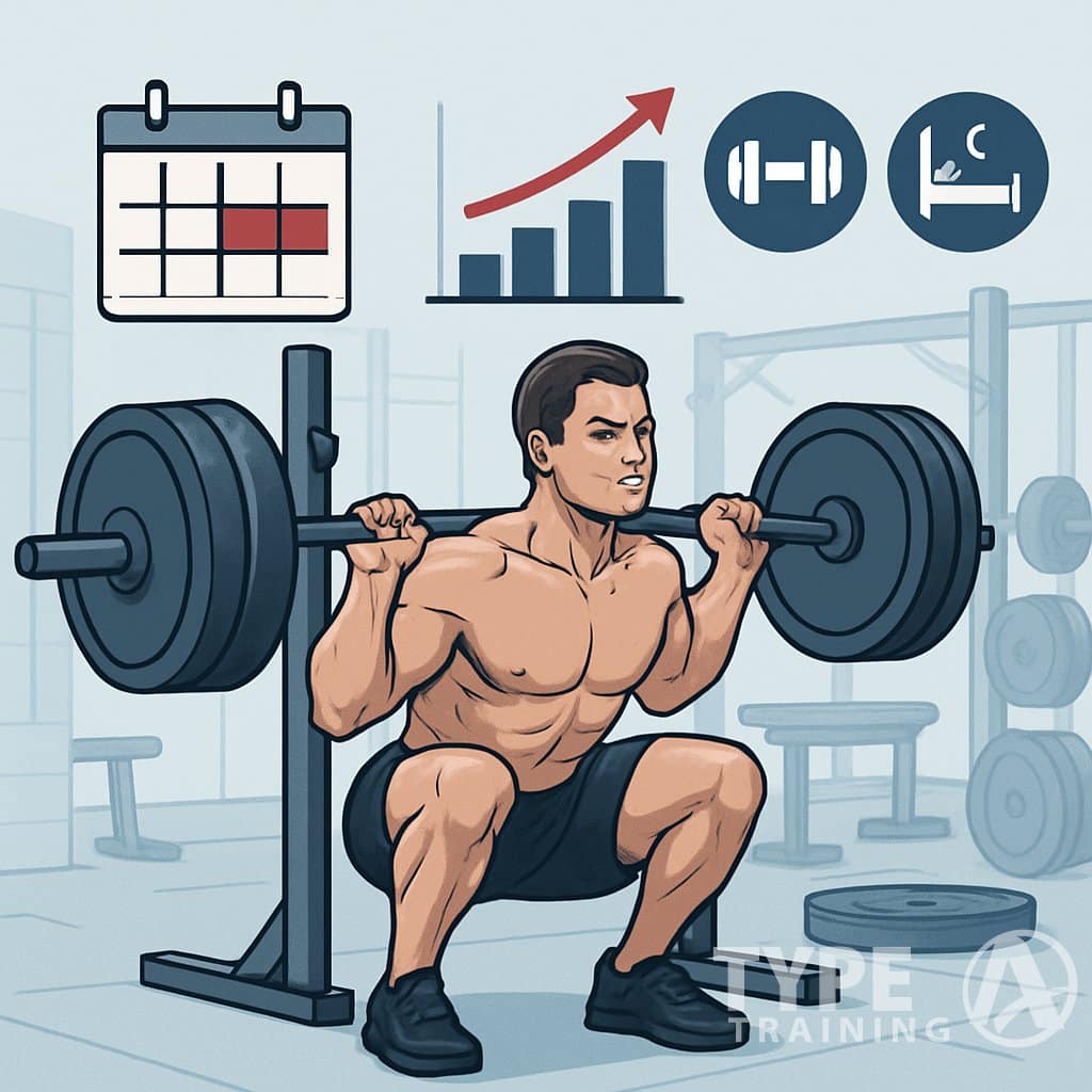 An athlete performing a barbell squat in a gym, surrounded by visual elements representing a structured workout program.