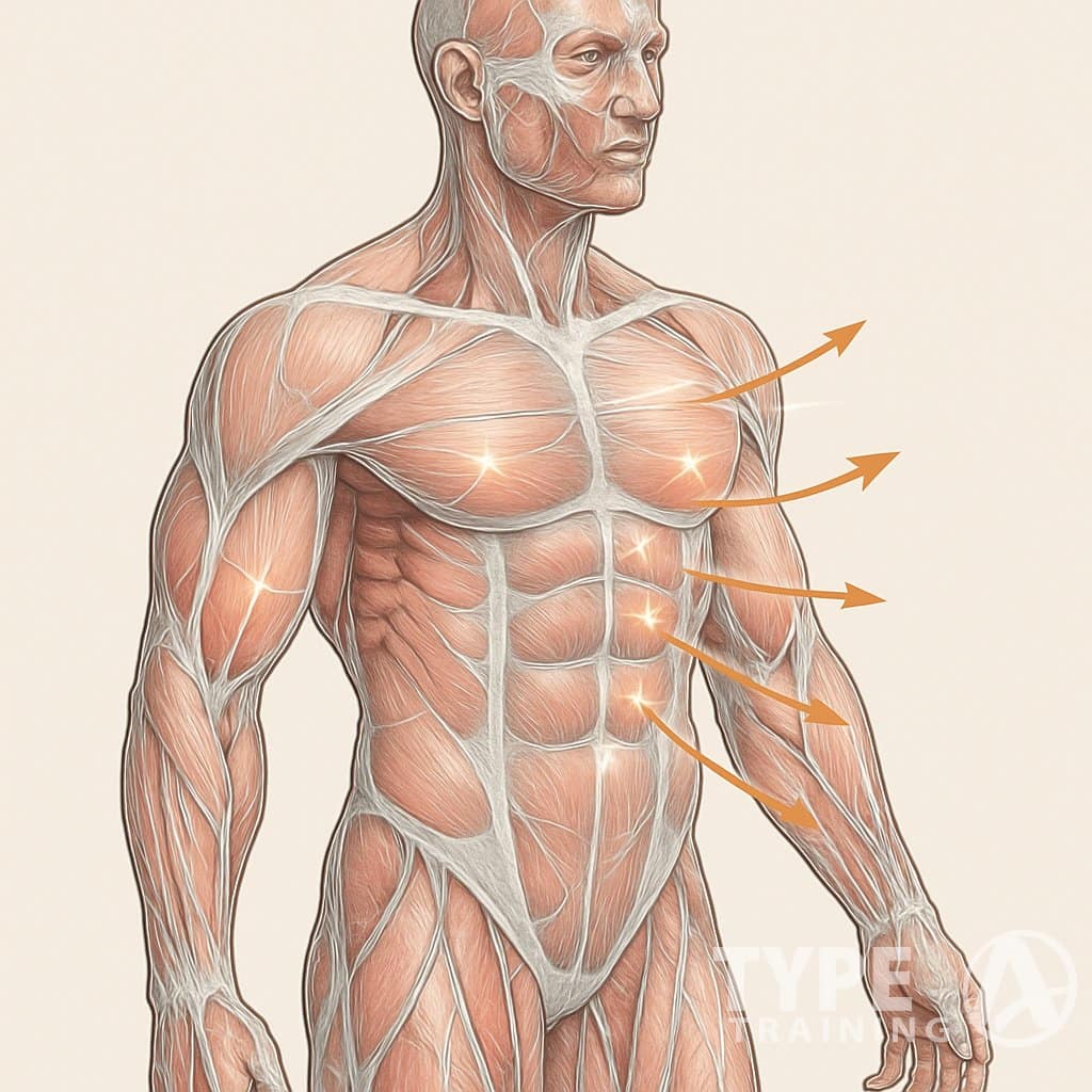 An anatomical illustration showing muscles and fascia layers in a human figure with visual emphasis on fascia stretching and muscle growth.