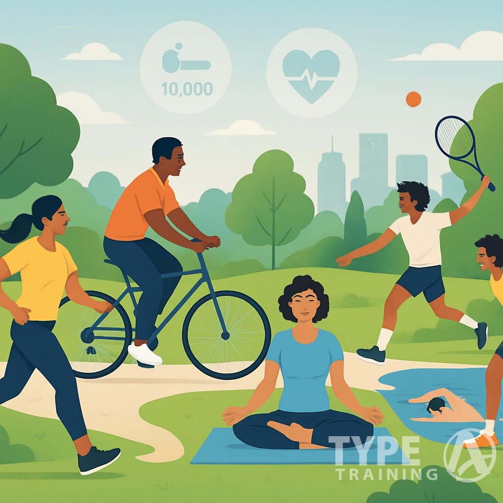 A diverse group of people exercising outdoors in various ways including jogging, cycling, yoga, swimming, and playing sports in a park with greenery and a city skyline in the background.