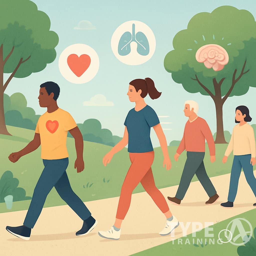 People of different ages walking in a park surrounded by trees and greenery, with visual symbols representing heart health, lung function, and mental wellness.