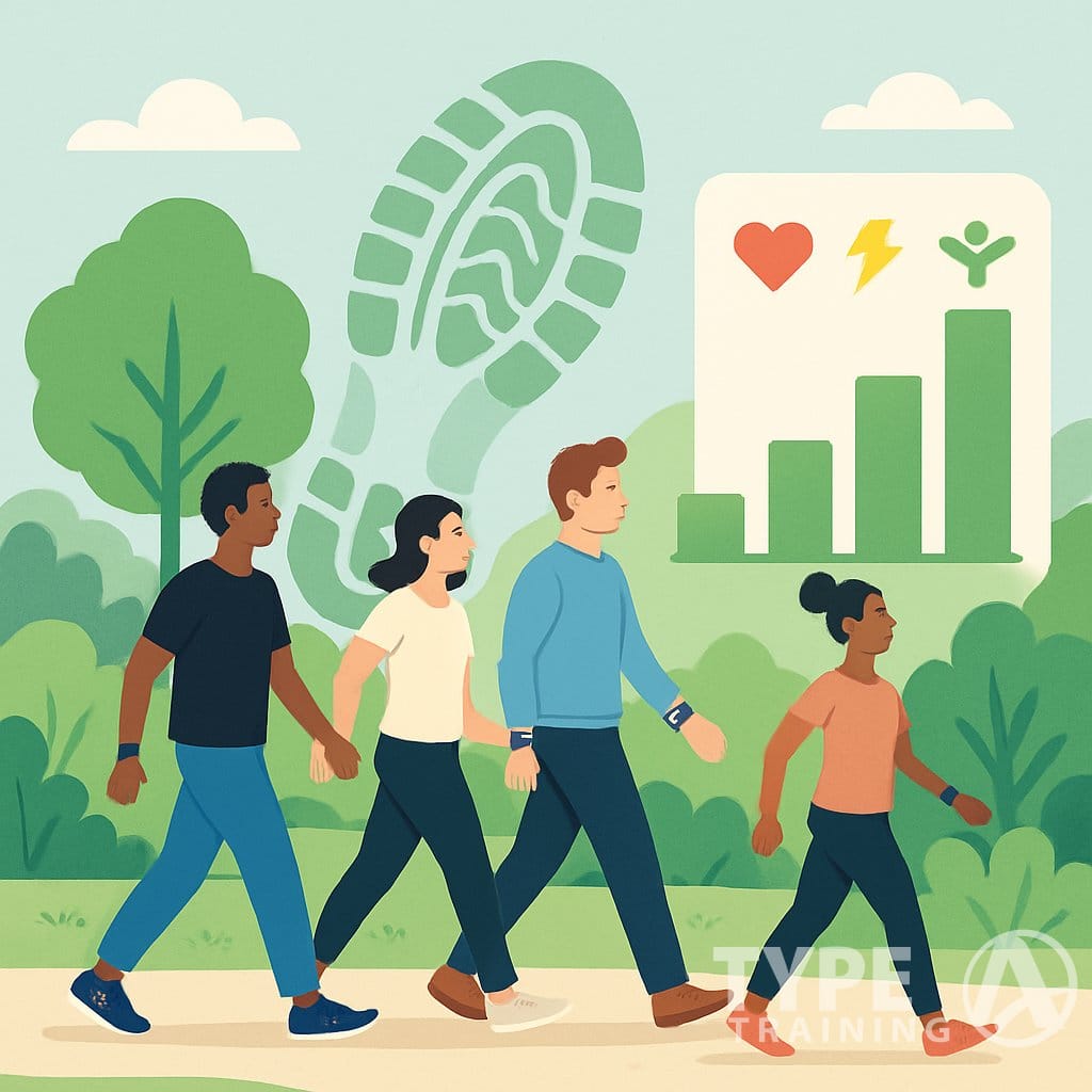 People walking in a park with fitness trackers, surrounded by trees and icons representing health benefits from walking.