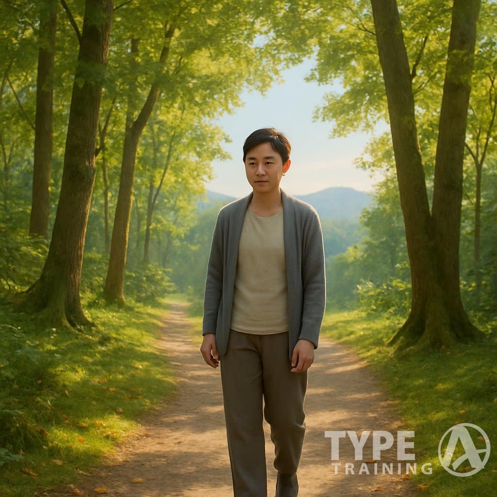 A person walking slowly along a forest path surrounded by trees and sunlight, appearing calm and focused.