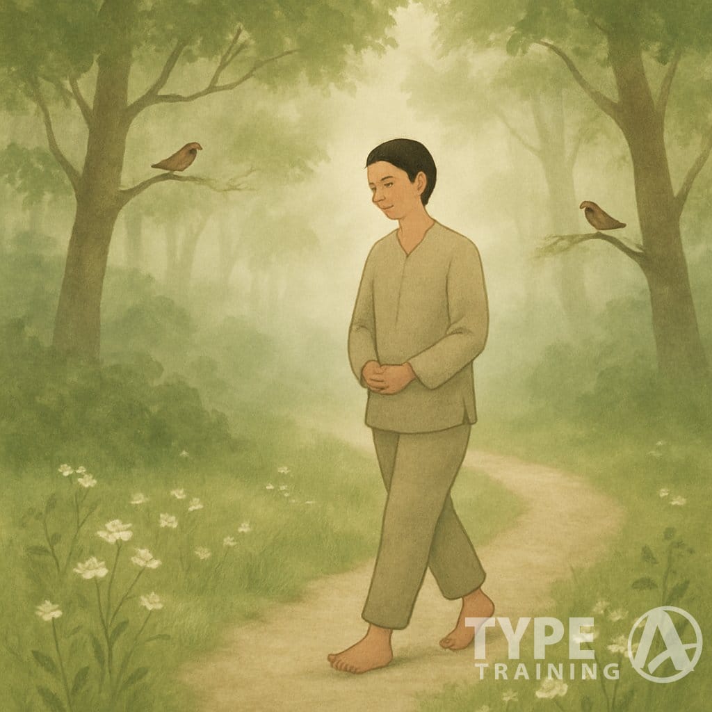 A person walking slowly on a forest path surrounded by trees and sunlight, practicing mindfulness.