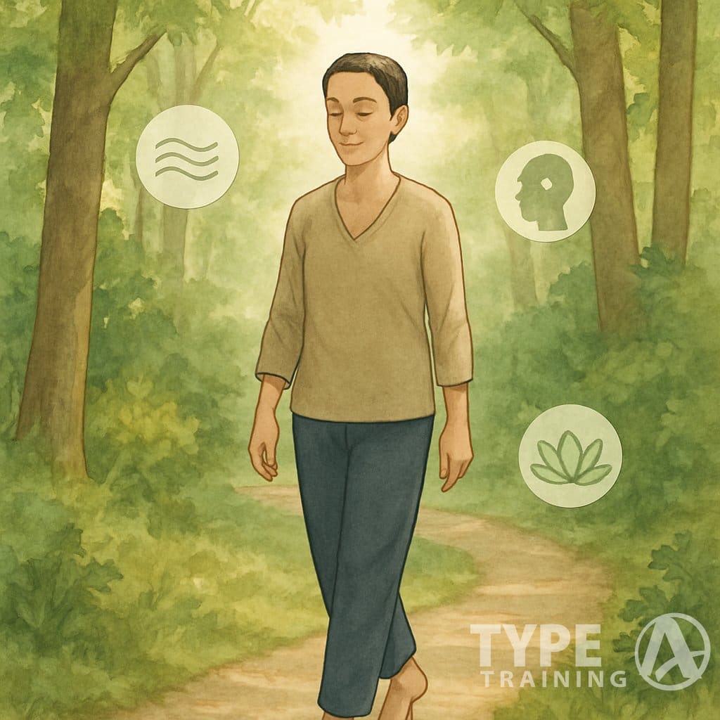 A person walking slowly on a forest path surrounded by trees and sunlight, appearing calm and focused.