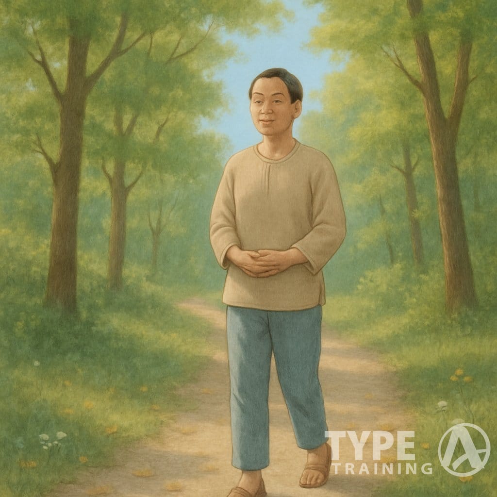 A person walking slowly along a forest path surrounded by trees and sunlight, appearing calm and focused.