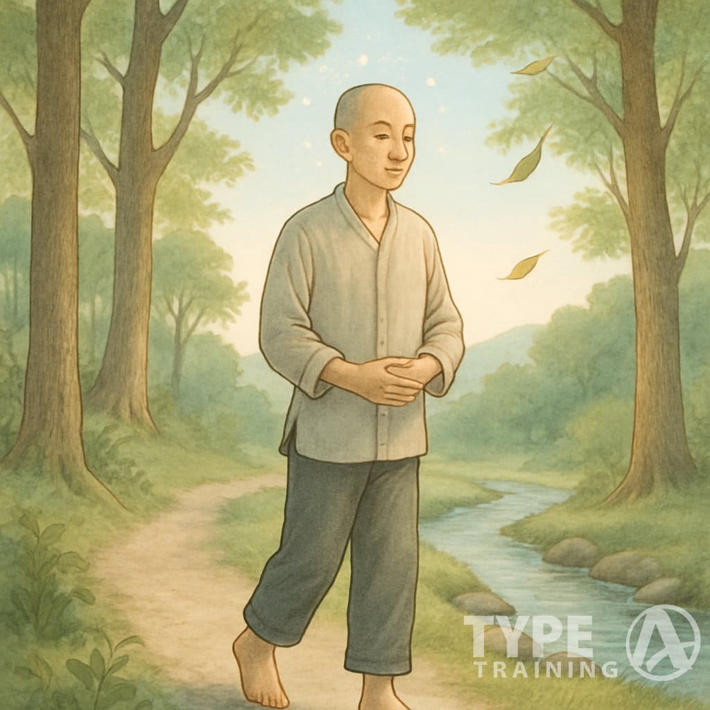 A person walking slowly along a forest path surrounded by trees and nature, appearing calm and focused.