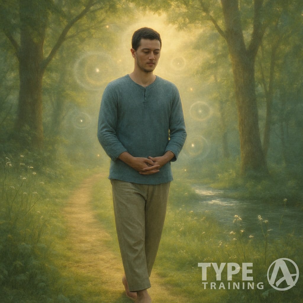 A person walking calmly on a peaceful forest path surrounded by trees and soft sunlight, embodying mindfulness and tranquility.