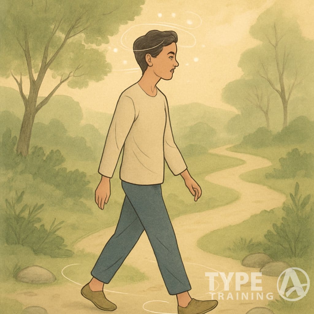 A person walking calmly on a nature path surrounded by trees and soft sunlight, appearing focused and peaceful.