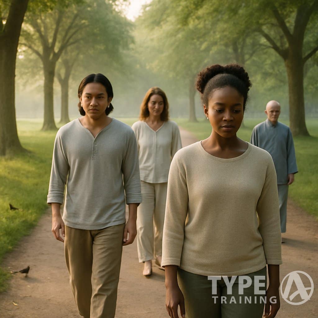 People walking slowly and calmly along a tree-lined path in a park, practicing mindful walking meditation.