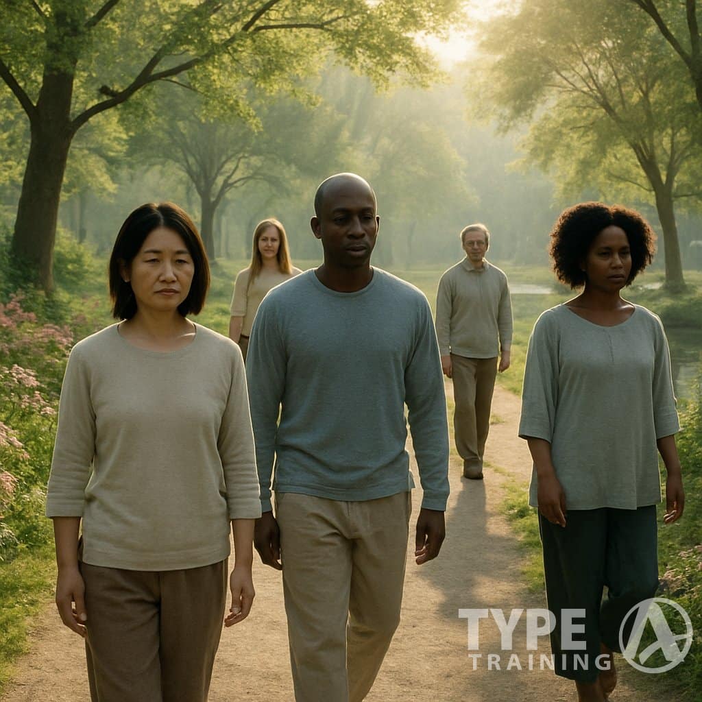 People walking slowly and calmly along a tree-lined path in a peaceful park, practicing mindfulness during a morning stroll.