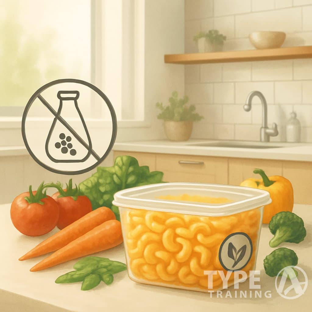 A kitchen scene showing fresh vegetables and a clear food container with naturally colored food, symbolizing the removal of artificial dyes from products.