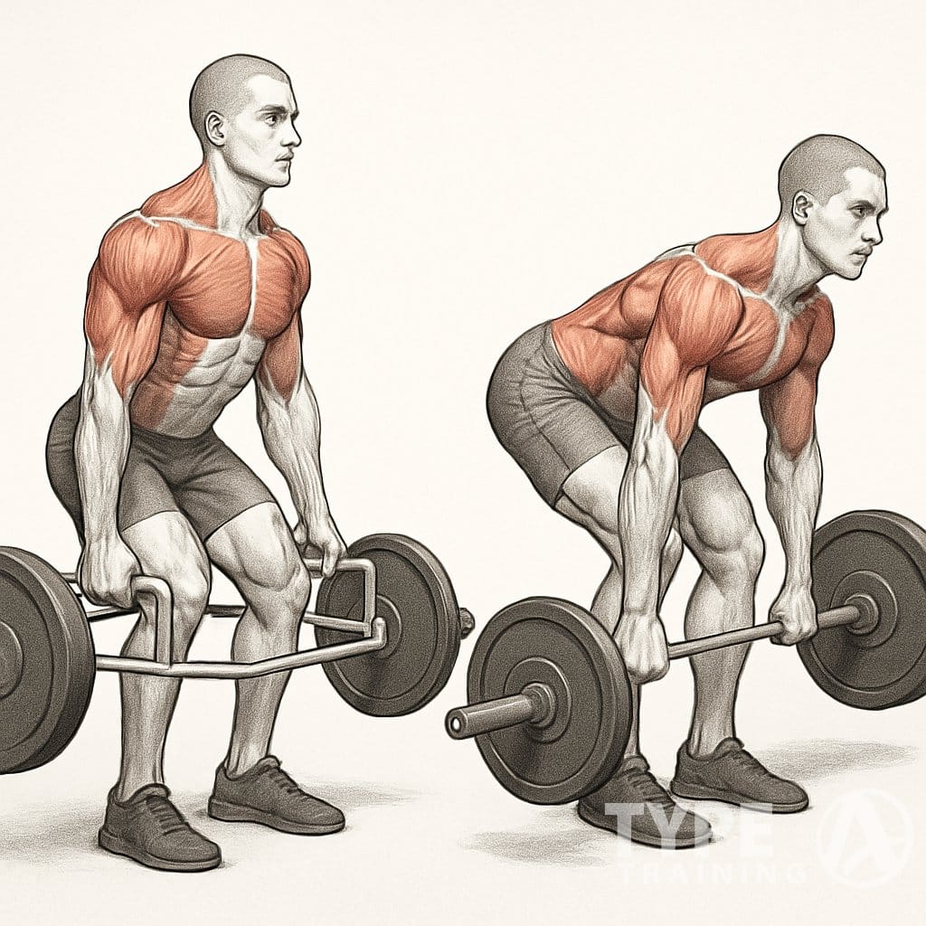 Side-by-side illustration of a person performing a trap bar deadlift and a conventional deadlift, showing different stances and grips with appropriate equipment.