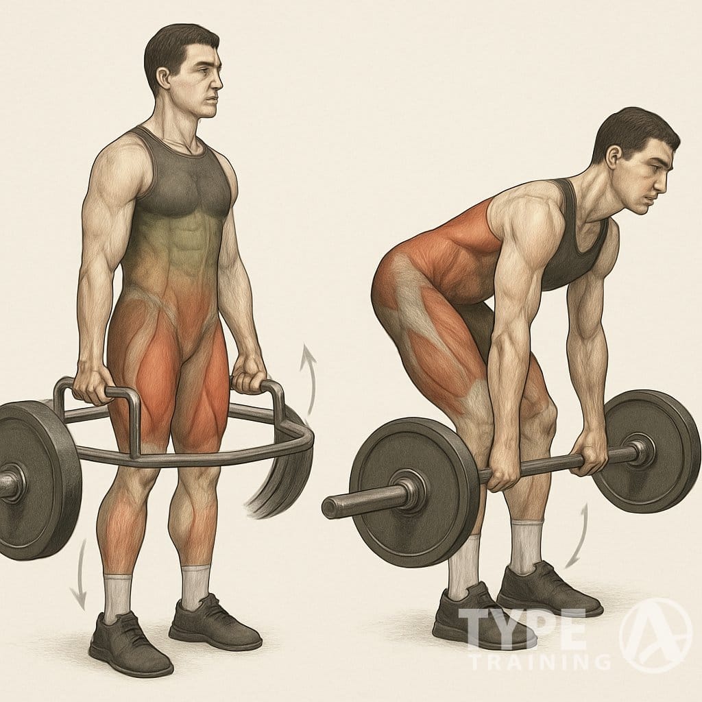 Two people performing deadlifts side by side, one using a trap bar and the other using a straight barbell, showing the differences in stance and grip.