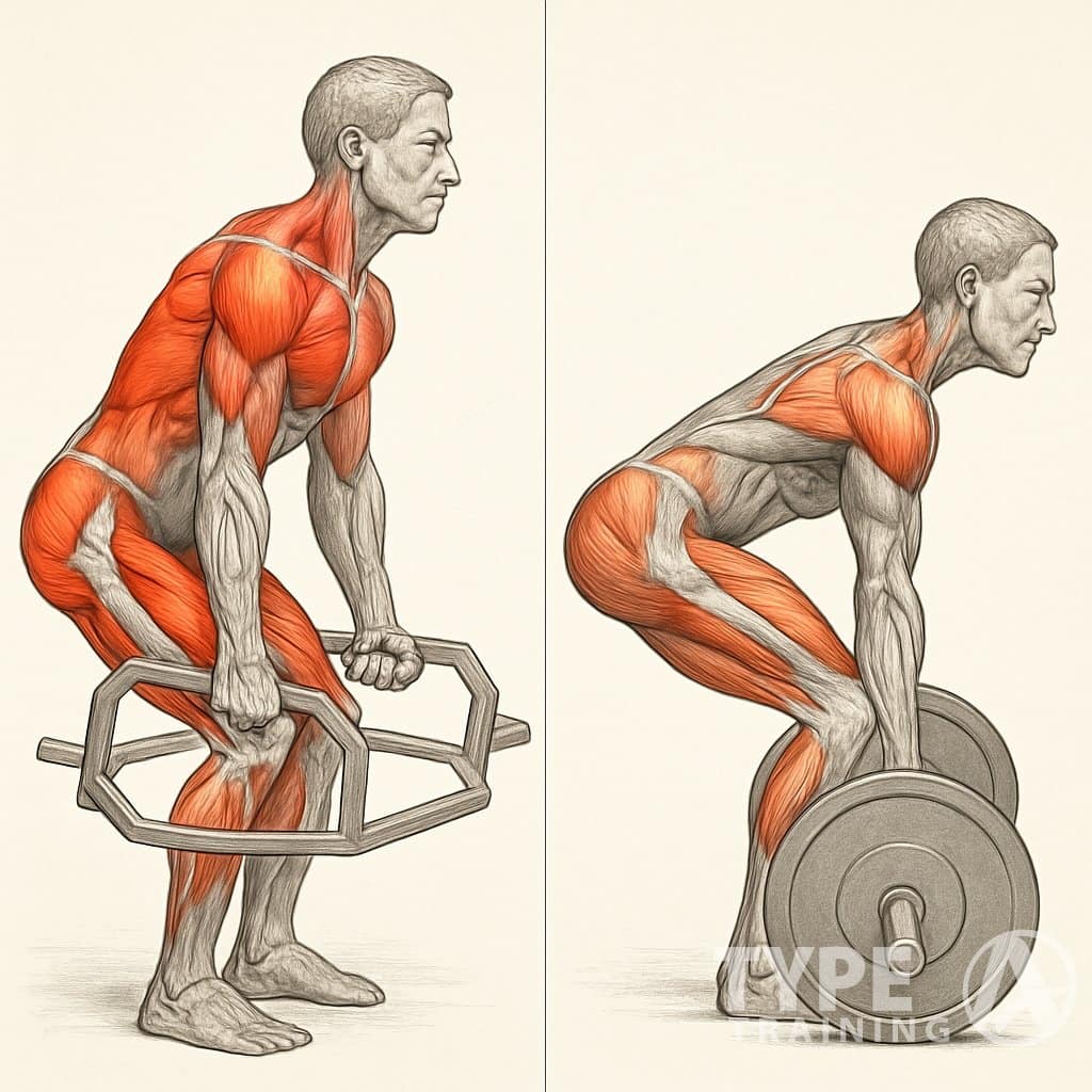 Side-by-side illustration showing two figures performing deadlifts, highlighting different muscle groups activated in each lift.