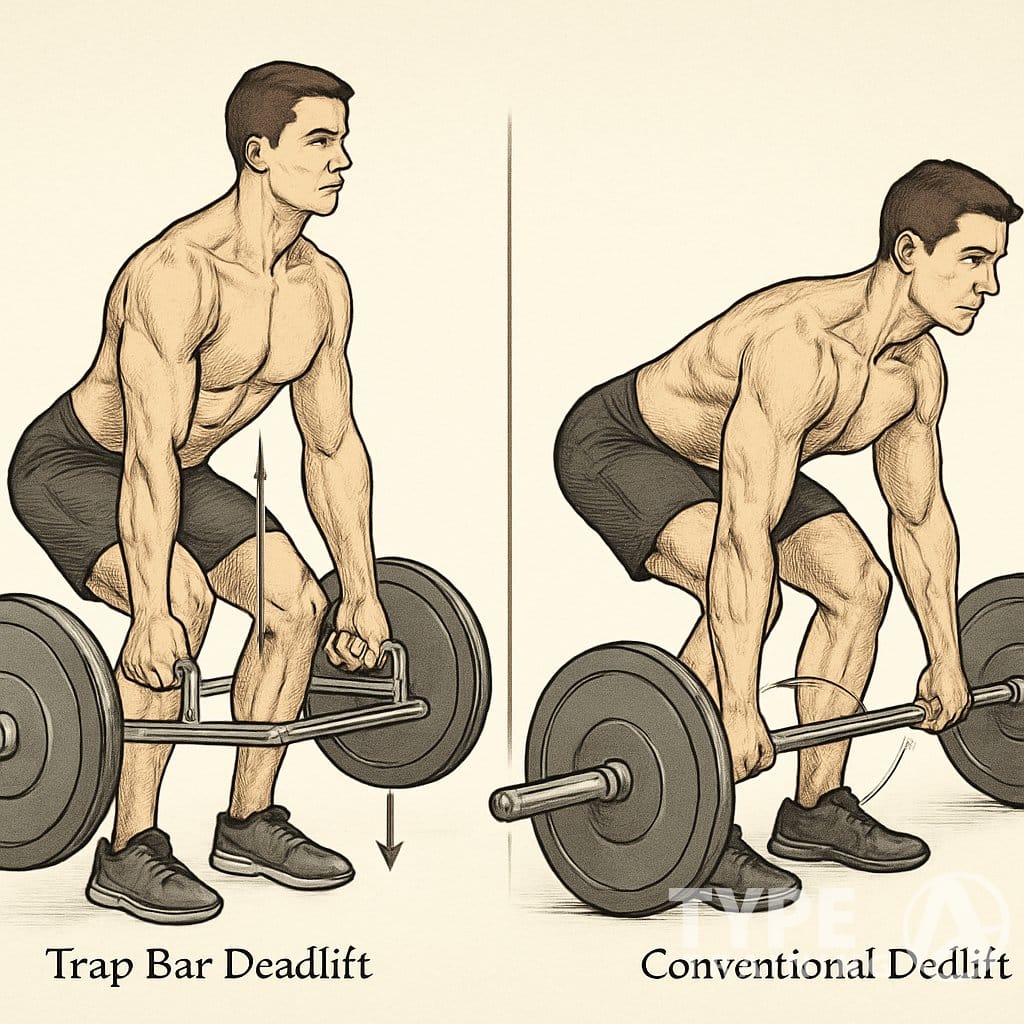 Side-by-side illustration of a person performing a trap bar deadlift on the left and a conventional deadlift on the right, showing proper lifting form and posture.