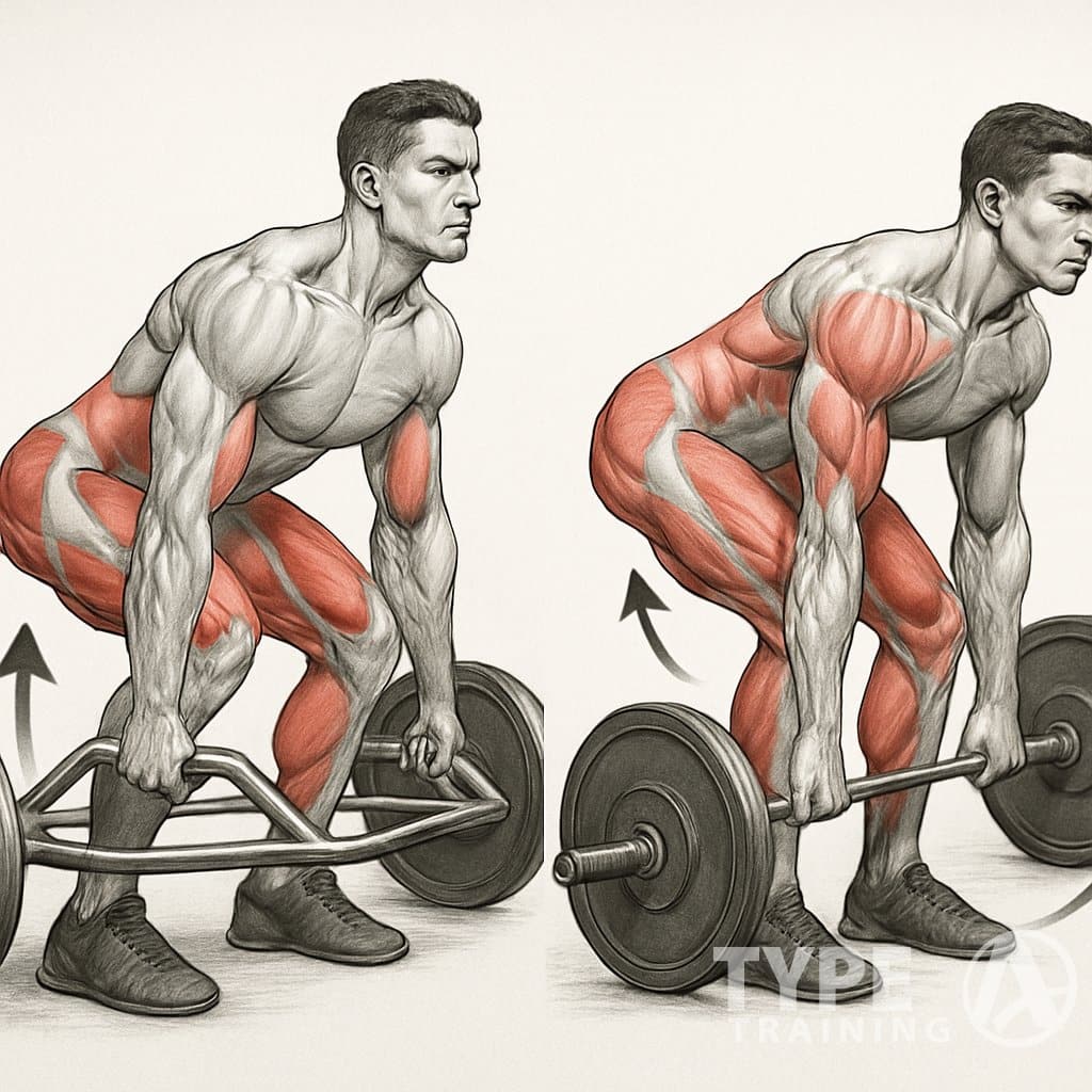 Side-by-side illustration of an athlete performing a trap bar deadlift and a conventional deadlift, showing muscle engagement and body positions.