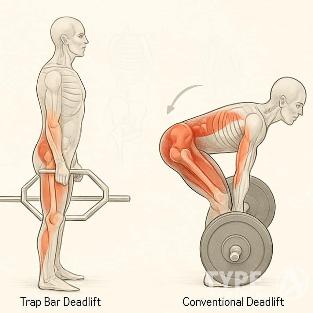 Side-by-side comparison of two people performing a trap bar deadlift and a conventional deadlift, showing body posture and highlighted areas of muscle and joint strain.