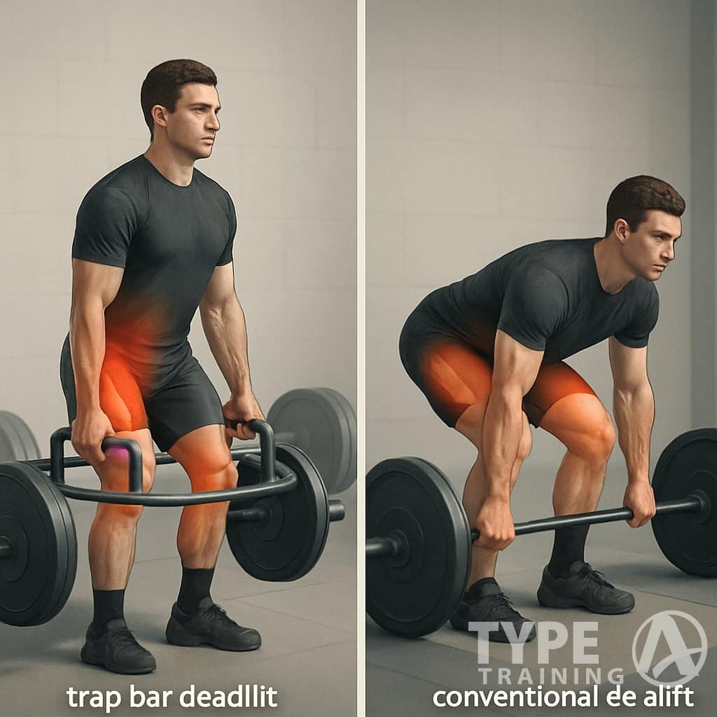 Side-by-side illustration of an athlete performing a trap bar deadlift and a conventional deadlift in a gym setting, showing differences in posture and equipment.