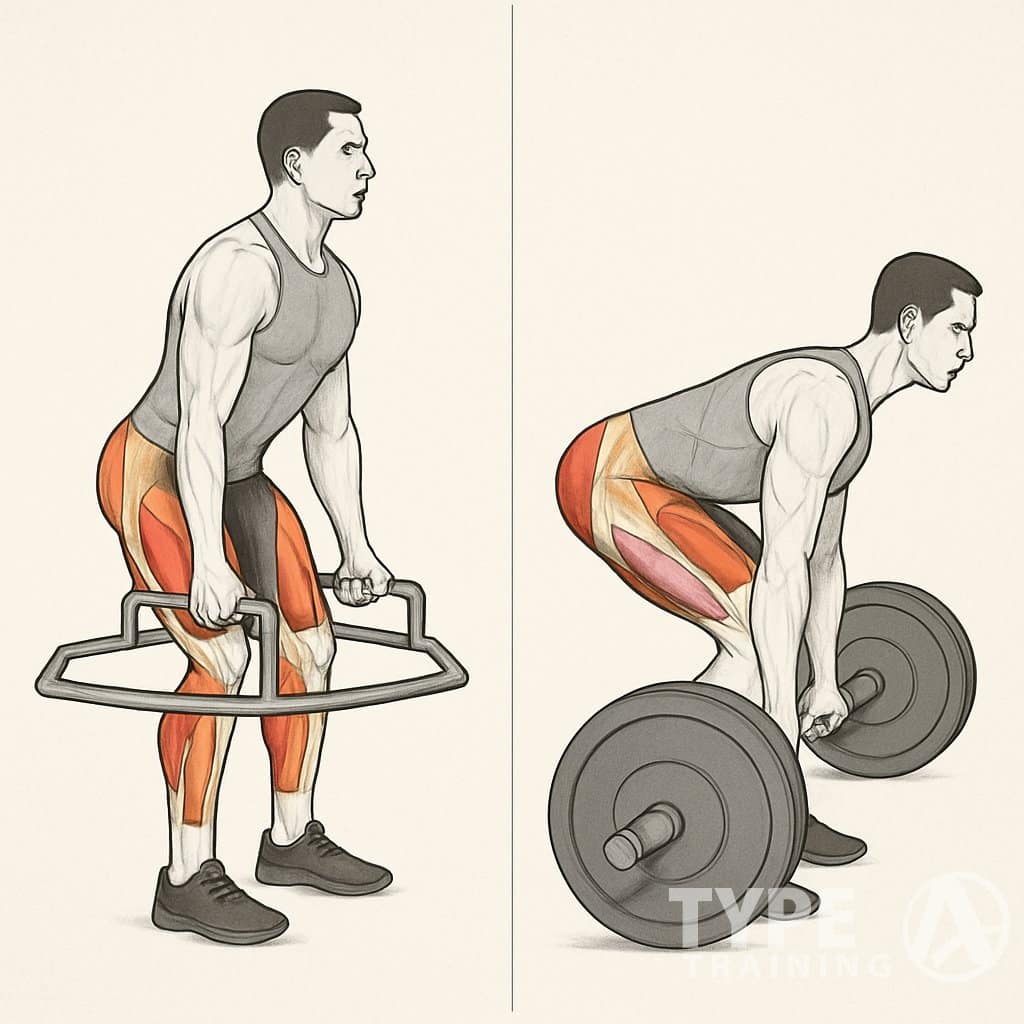 Side-by-side illustration of a person performing a trap bar deadlift and a conventional deadlift, showing proper posture and muscle engagement for each lift.