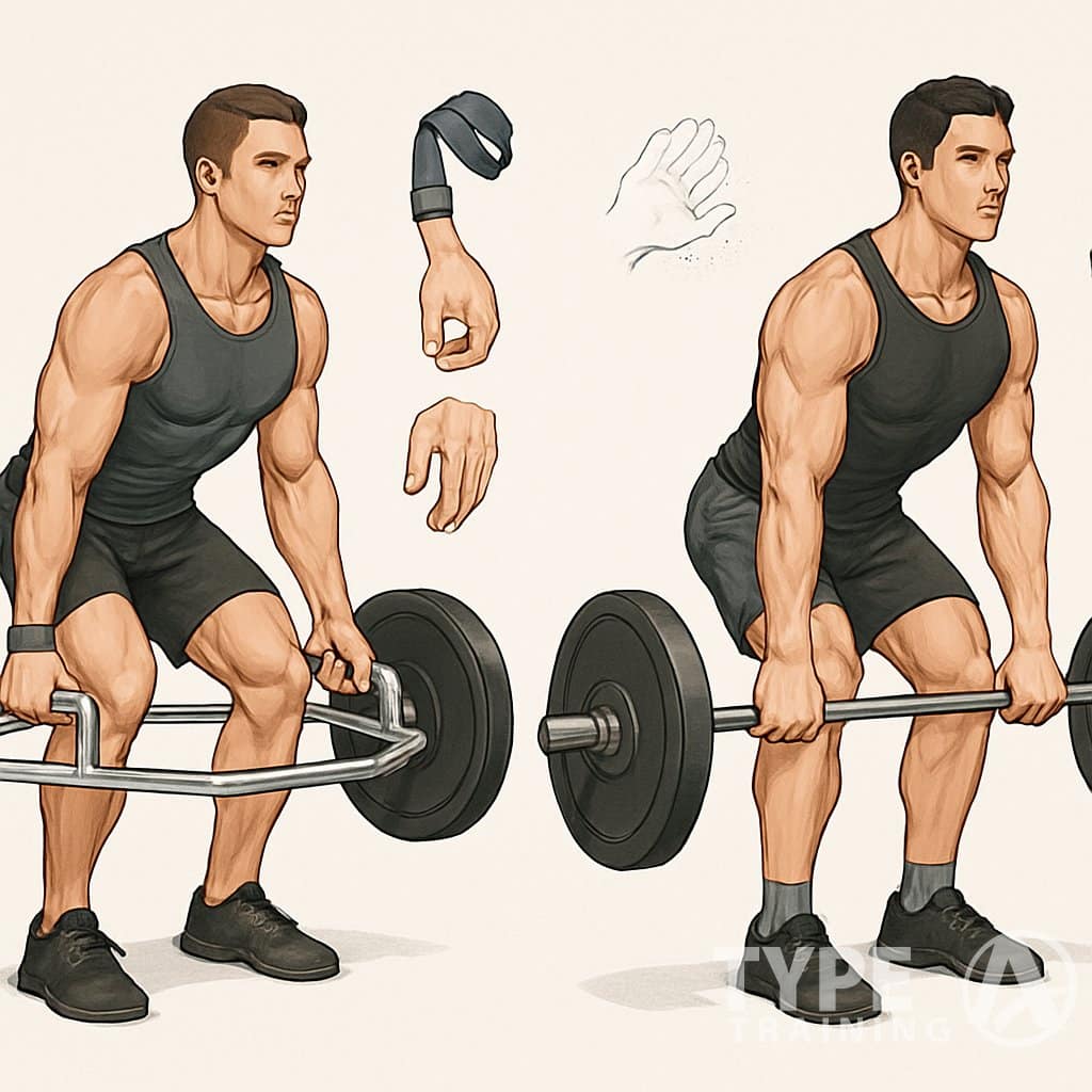 Two people performing deadlifts side by side, one using a trap bar and the other using a straight barbell, showing different hand grips and supportive equipment.