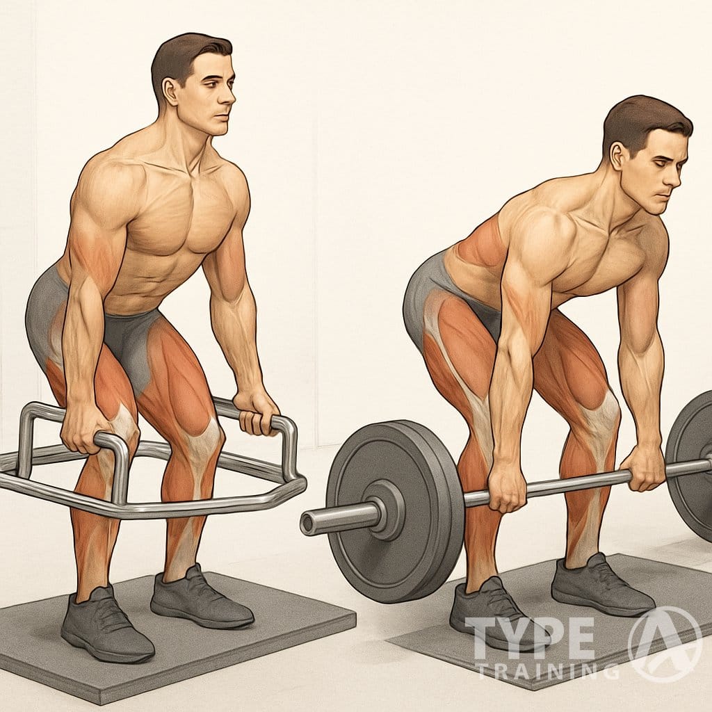 Two people performing different deadlift exercises side by side, one using a trap bar and the other using a straight barbell, demonstrating proper form in a gym setting.