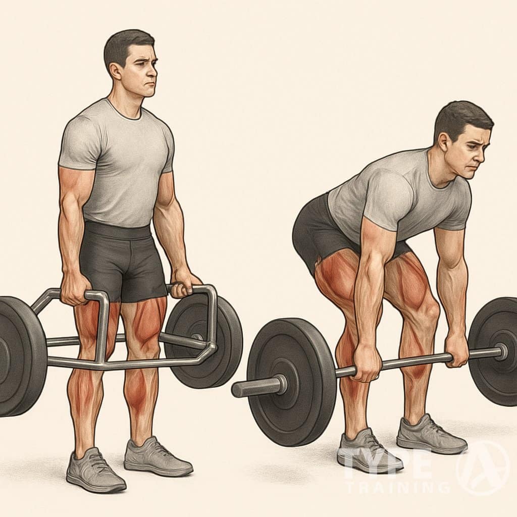 Side-by-side illustration of a person performing a trap bar deadlift and a conventional deadlift, showing differences in stance and grip.