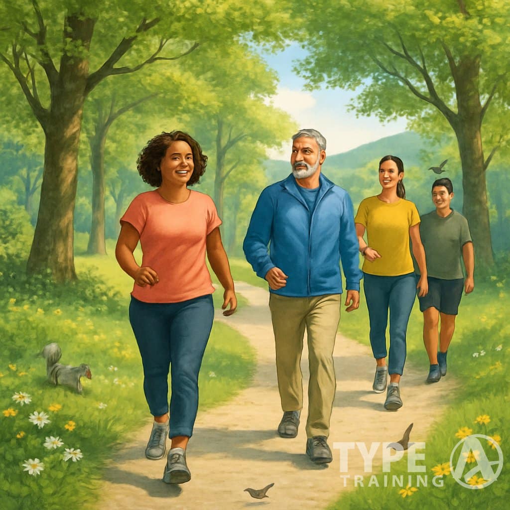 People walking on a path through a green park with trees, flowers, and sunlight filtering through the leaves.
