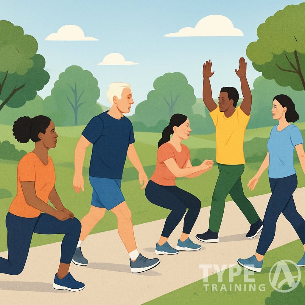 People exercising outdoors in a park, walking and doing strength exercises like lunges and squats along a walking path.