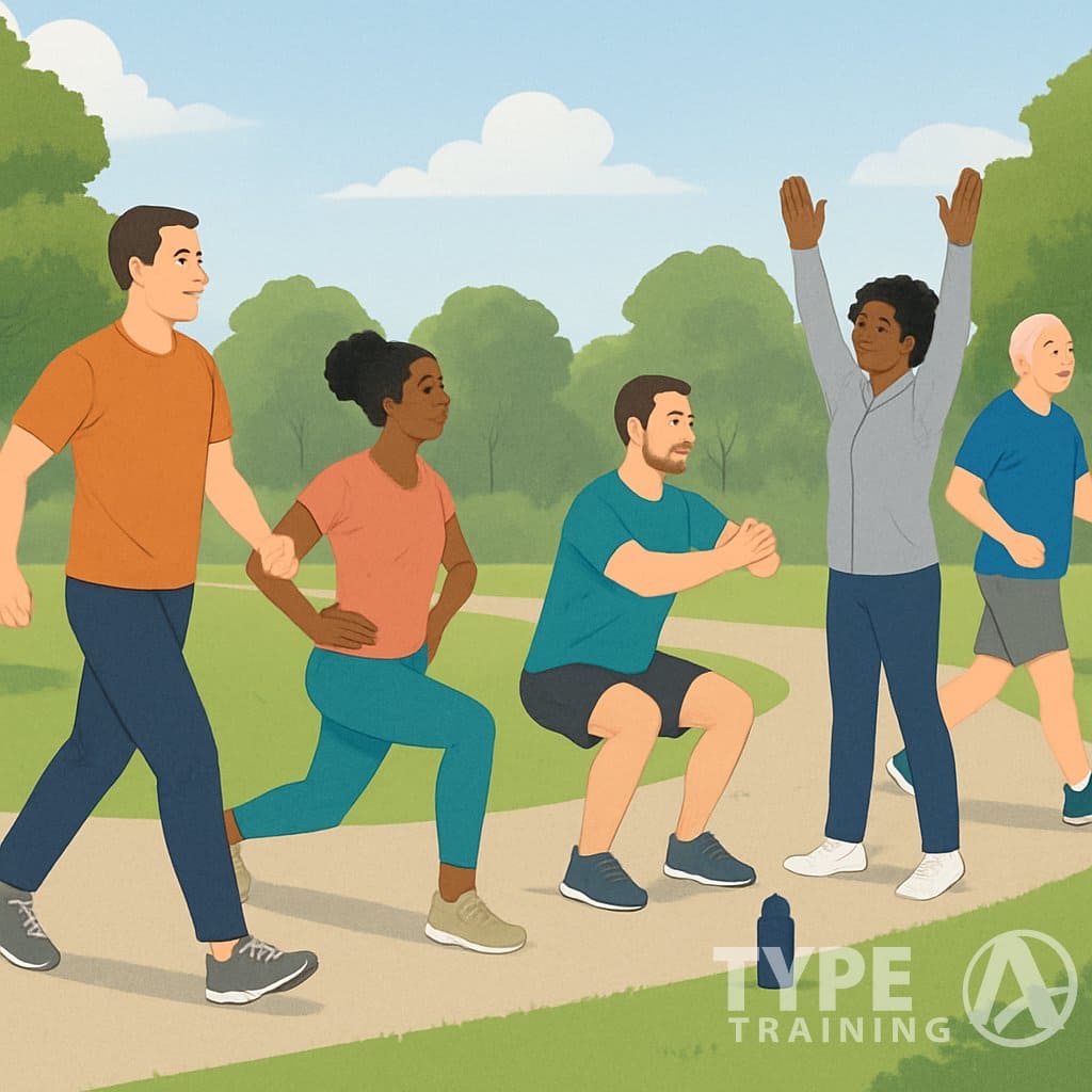 People exercising outdoors in a park, performing walking and simple strength exercises like lunges and squats along a walking path.