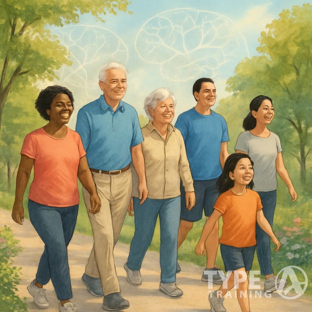 People of various ages walking together on a tree-lined park path with subtle brain-shaped patterns in the background.