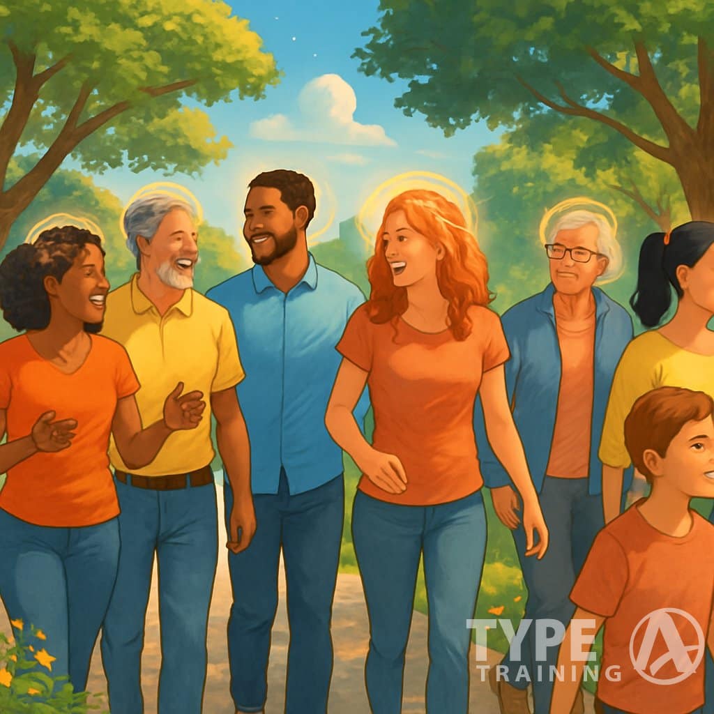 A diverse group of people walking together in a green park, smiling and interacting, surrounded by trees and a clear sky.