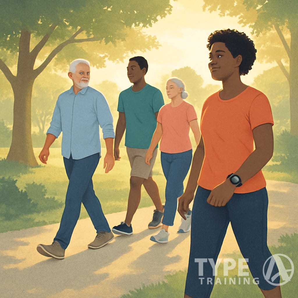 A group of adults walking together on a park path surrounded by trees and greenery in the morning light.