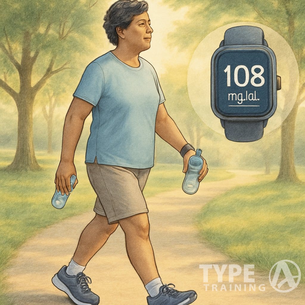 A person walking on a park path in the morning, wearing athletic clothes and a smartwatch, surrounded by trees and sunlight.