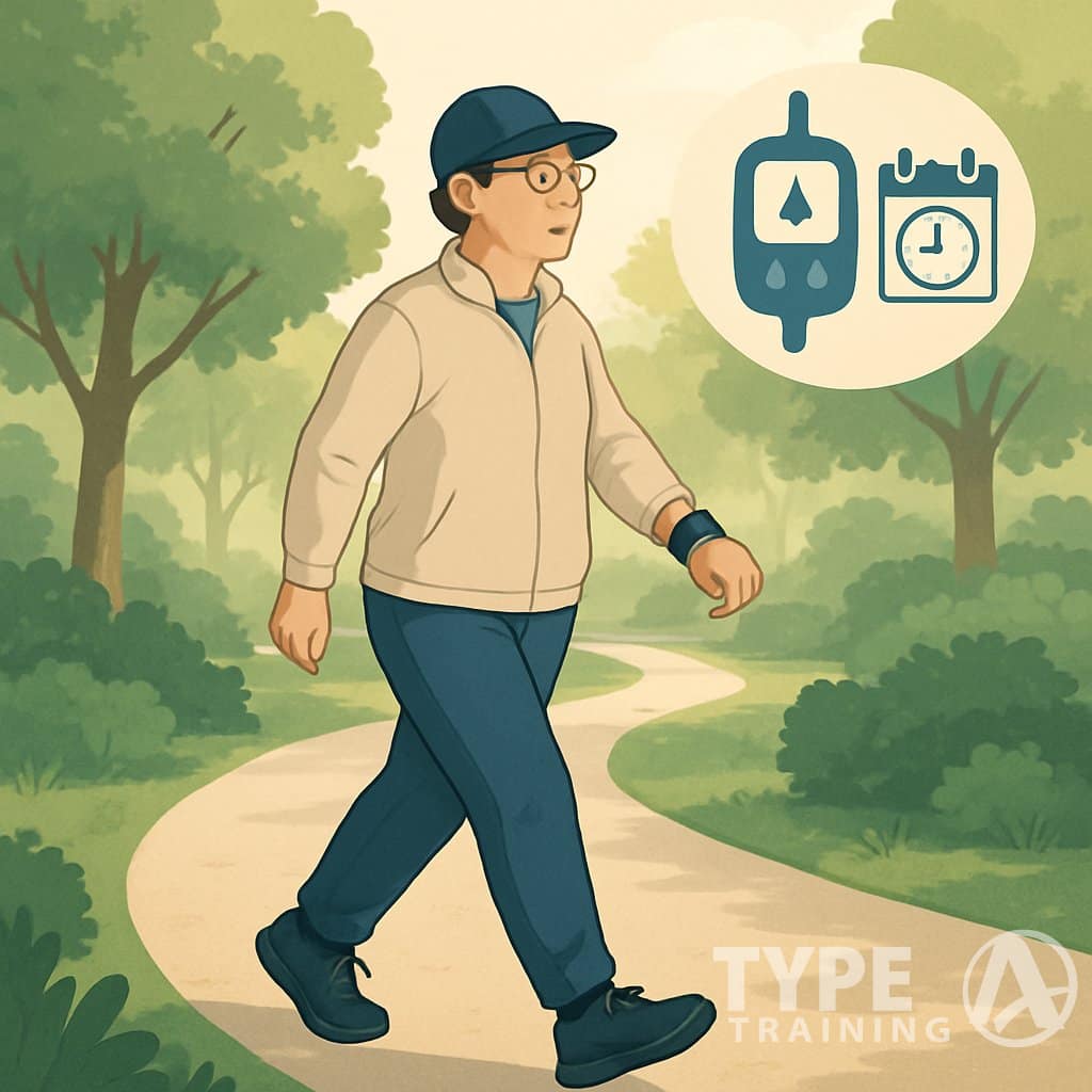 A person walking on a park path wearing a fitness tracker, surrounded by trees and sunlight, with subtle icons representing blood sugar monitoring and time in the background.