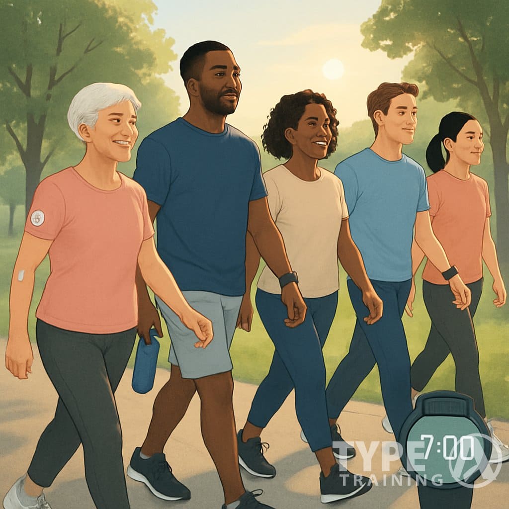 A group of diverse people walking together on a park path in the early morning, surrounded by trees and sunlight.