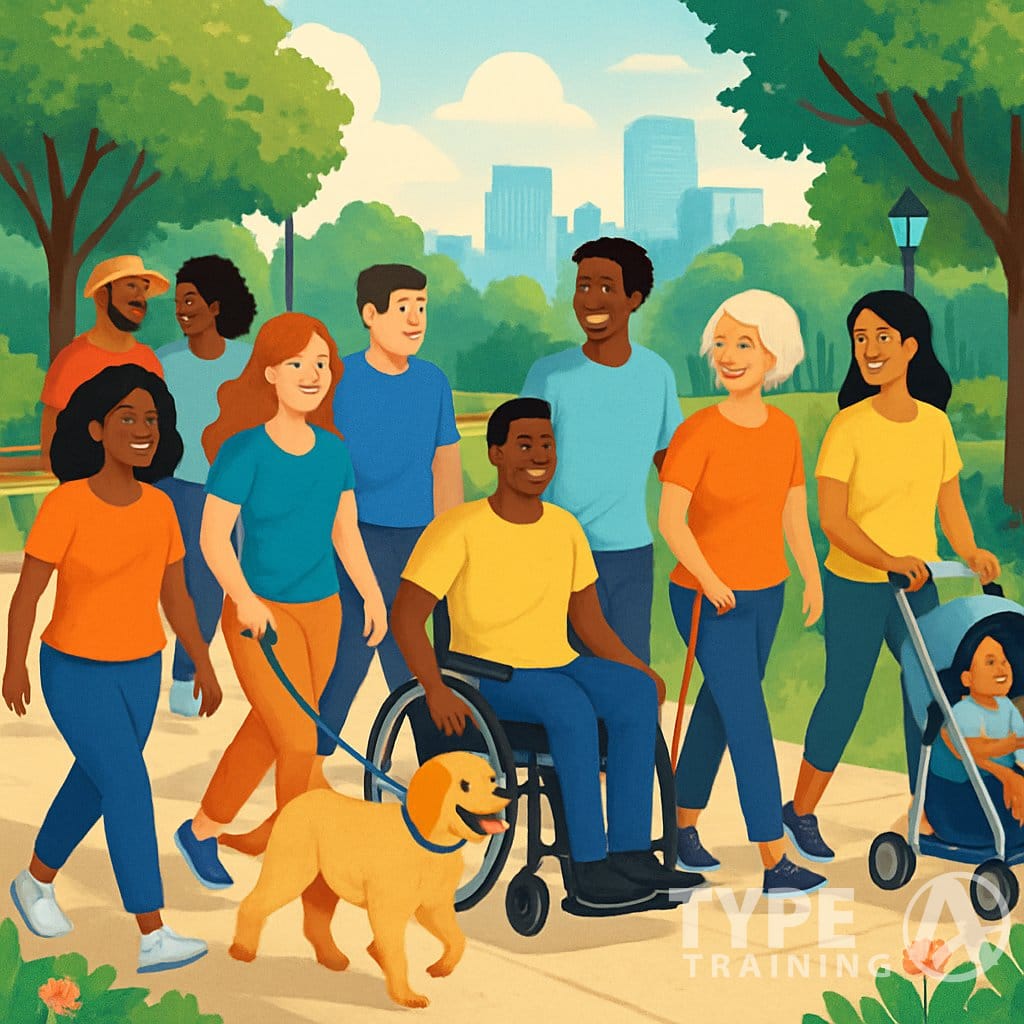 A diverse group of people walking together on a tree-lined path in a park, enjoying each other's company and the outdoors.