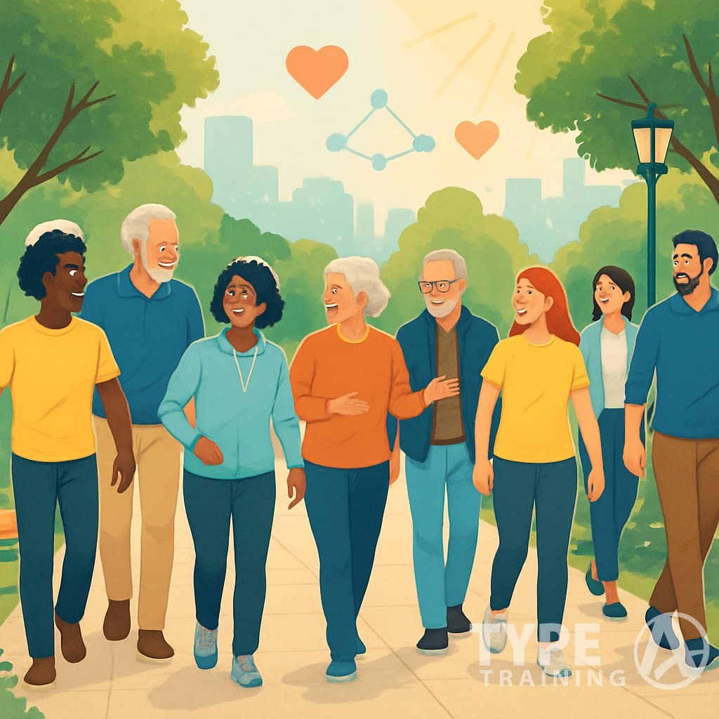 A diverse group of people walking together on a park path, talking and enjoying nature in a community setting.