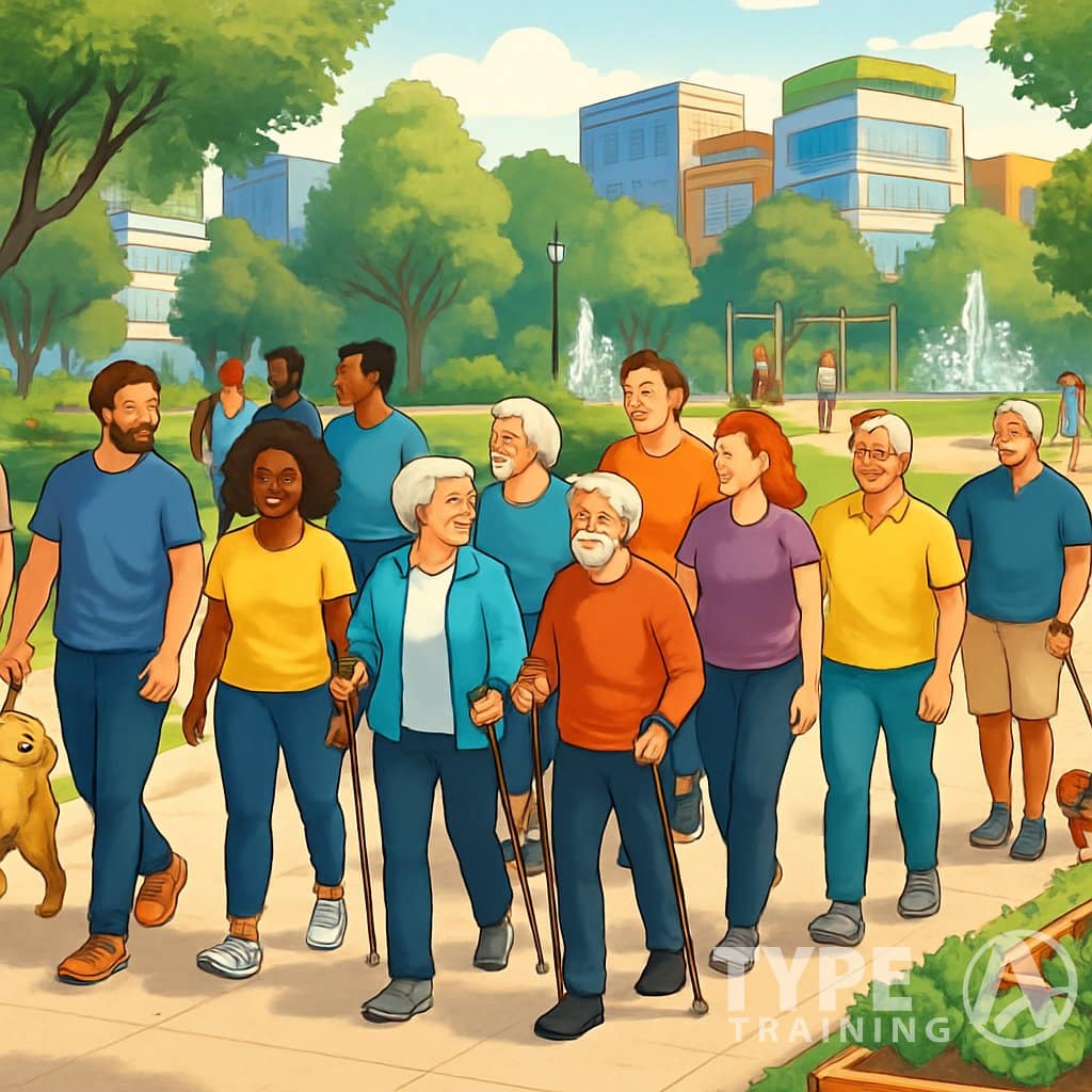 A diverse group of people walking and socializing in a green urban park with trees, benches, and exercise stations.