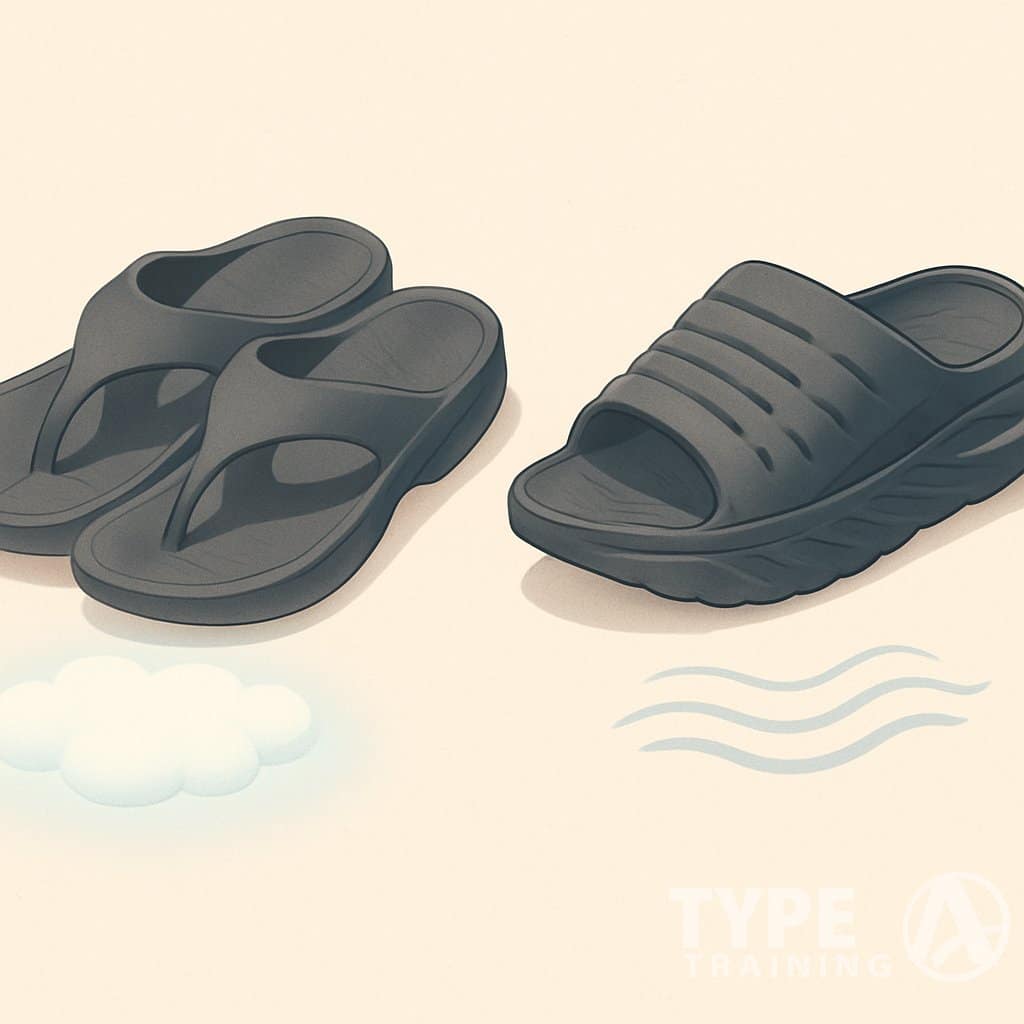 Two pairs of recovery sandals placed side by side on a plain surface, showing their cushioning and support features.